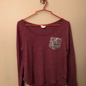 Burgundy Long Sleeve Floral Pocket Tee